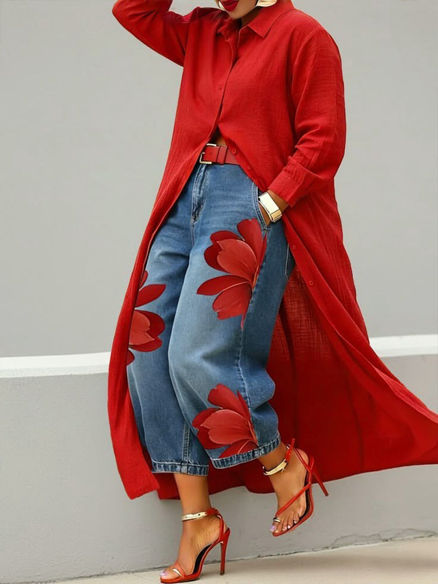 Completo Elegante – Beatrice – Chemisier Maxi e Jeans Floreali